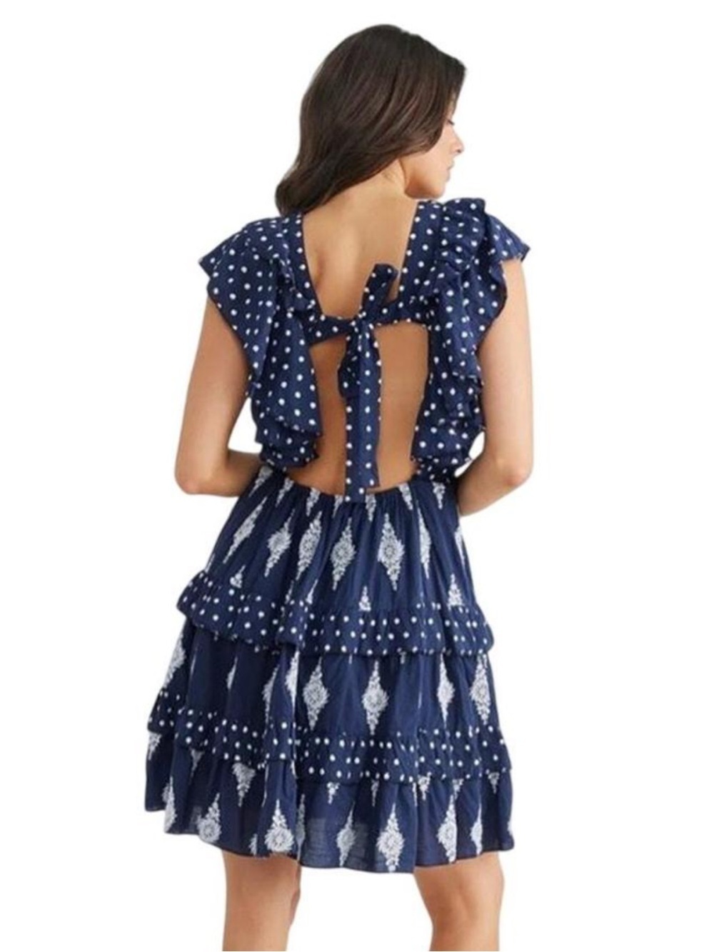 Talisman Label NWT Navy Embroidered Ruffle Mini Dress XS Boho Cotton Tie Back